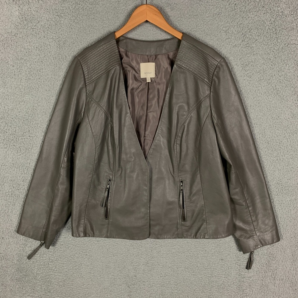 Sejour Leather Moto Jacket Women's Plus 18W Gray Open Front Zip Pockets Geniune‎